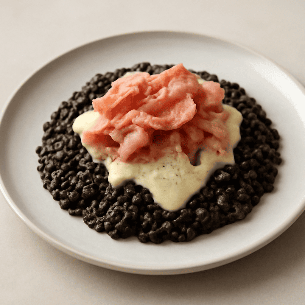 RISOTTO AL THE NERO LAPSANG SOUCHONG CON MORTADELLA CROCCANTE E FONDUTA DI SCAMORZA AFFUMICATA