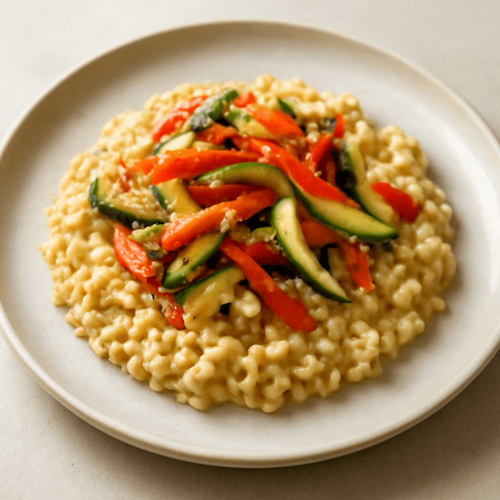 Risotto alla birra con filanger di verdure saltate