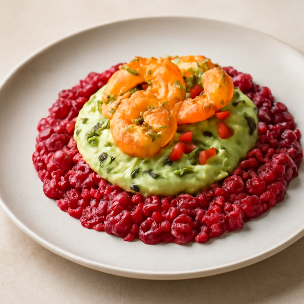 Risotto alla rapa rossa con crema di avocado, peperoni, mazzancolle, zenzero e prezzemolo