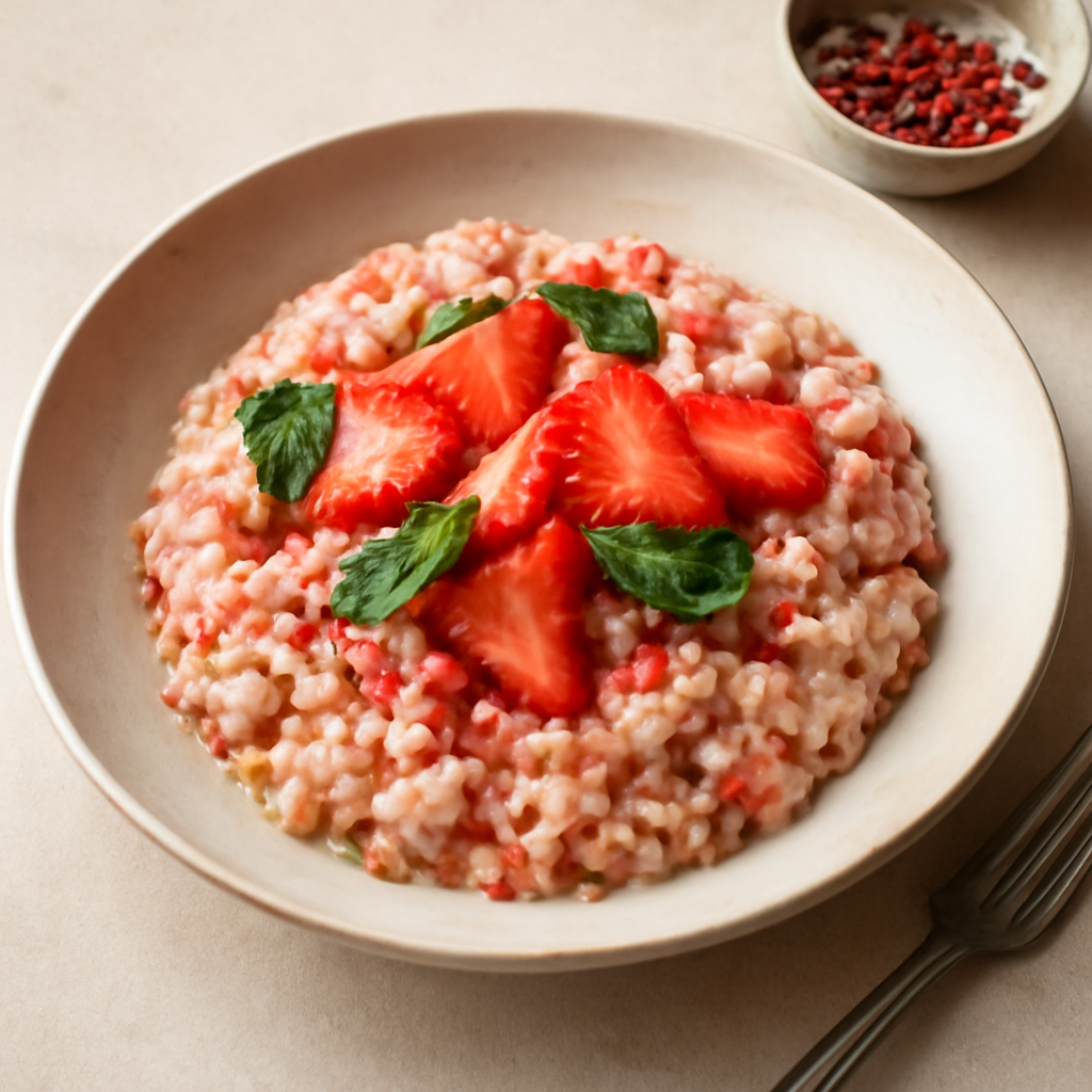 Risotto alle fragole, menta e pepe rosa