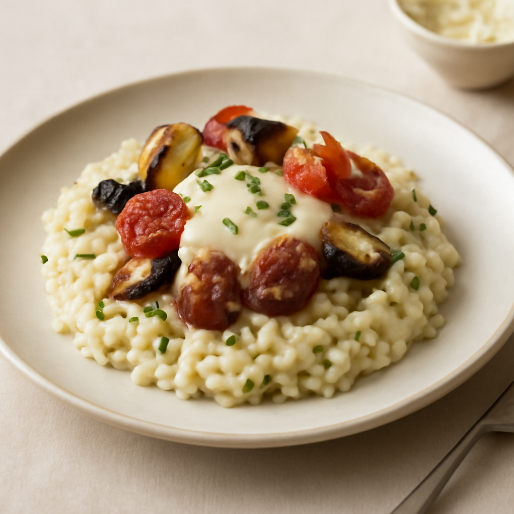 Risotto alle melanzane con besciamella e cuore di salsiccia