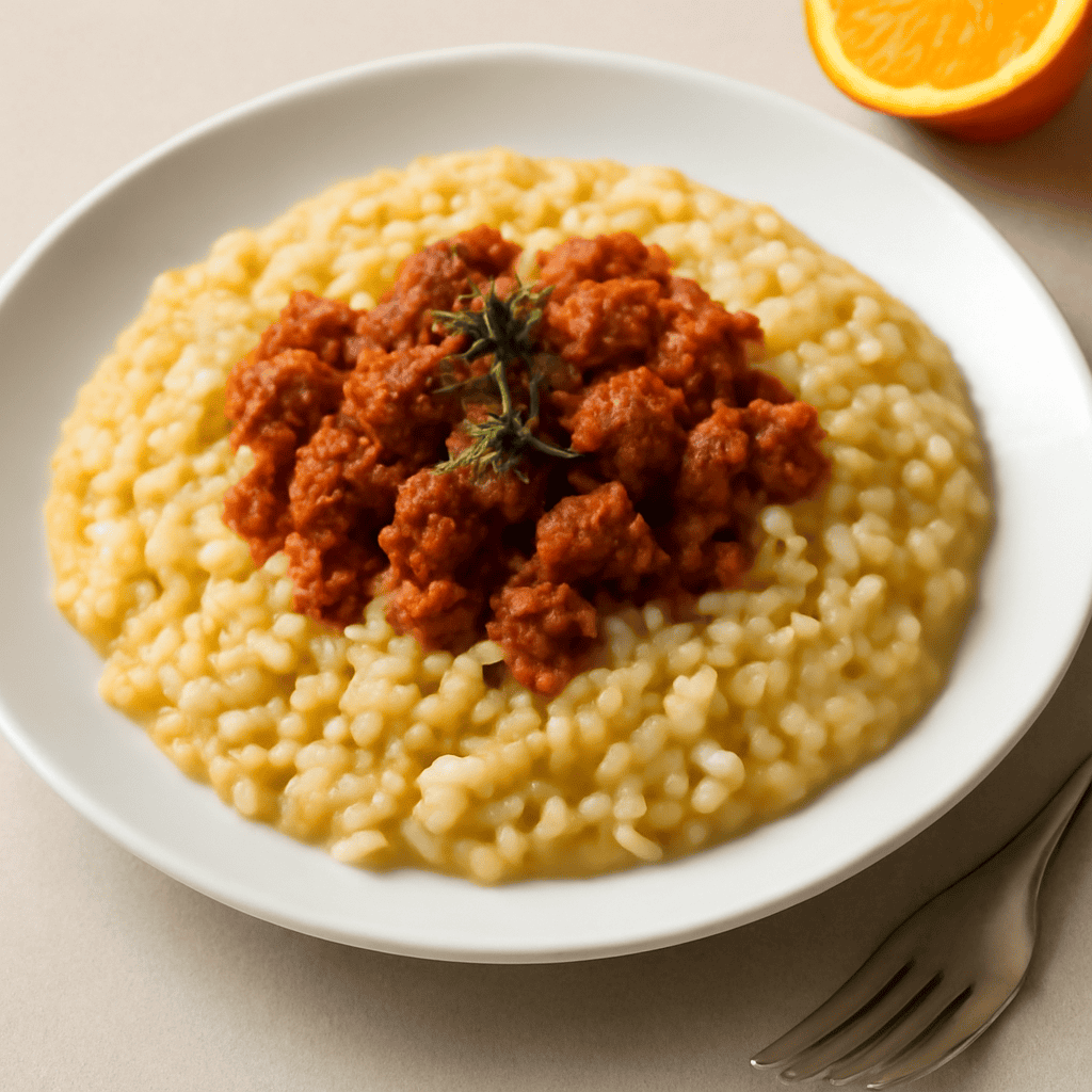 RISOTTO ALL’ESSENZA D’ARANCIA CON RAGU’ DI SALSICCIA E TIMO