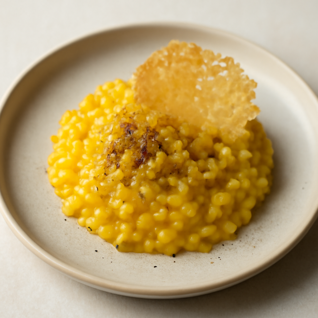 Risotto allo zafferano con polvere di liquirizia e cialda di Parmigiano