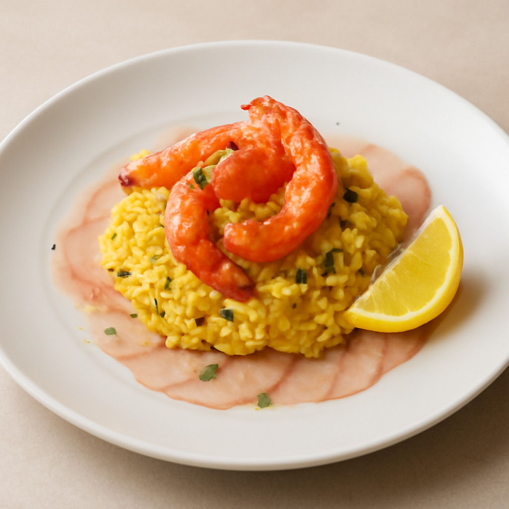 RISOTTO ALLO ZAFFERANO E GAMBERI SU CARPACCIO DI MAZANCOLLE