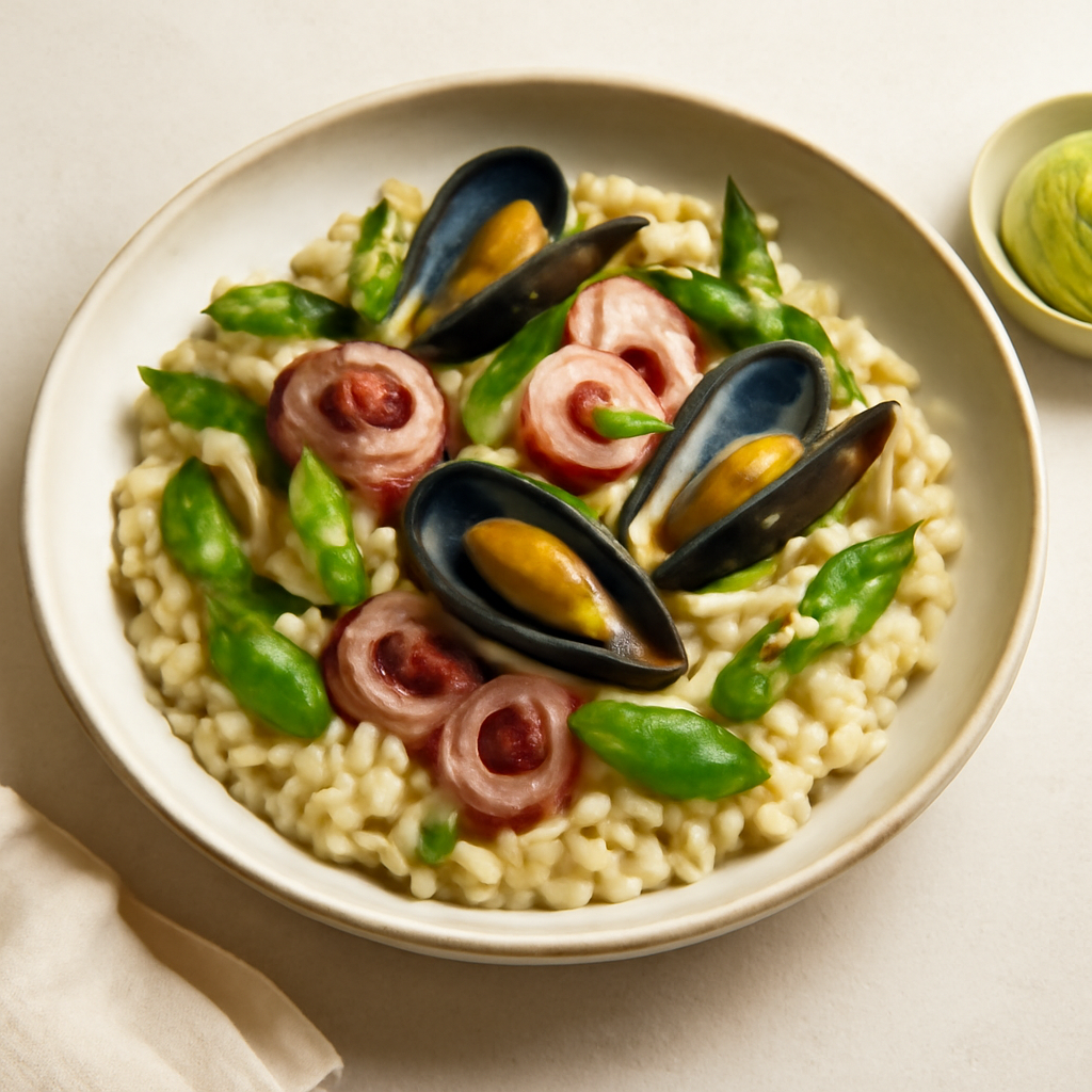 Risotto asparagi, cozze e polpo