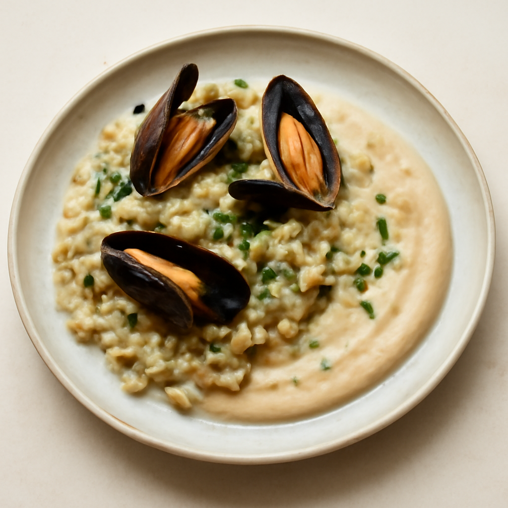 Risotto con cozze e crema di fagioli all’erba cipollina