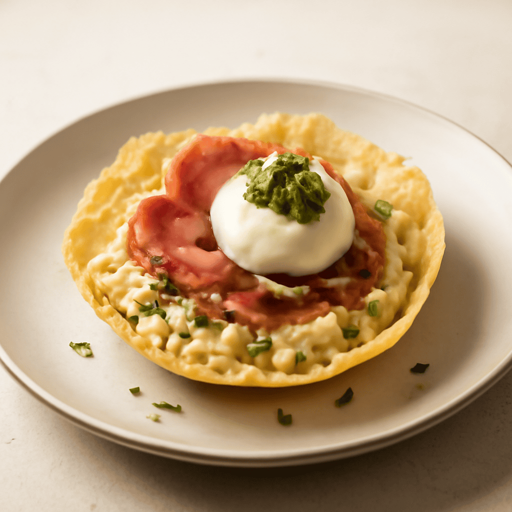 Risotto con Culatello Croccante Mantecato con Burrata e Pesto di Basilico servito su Cornetto di Parmigiano