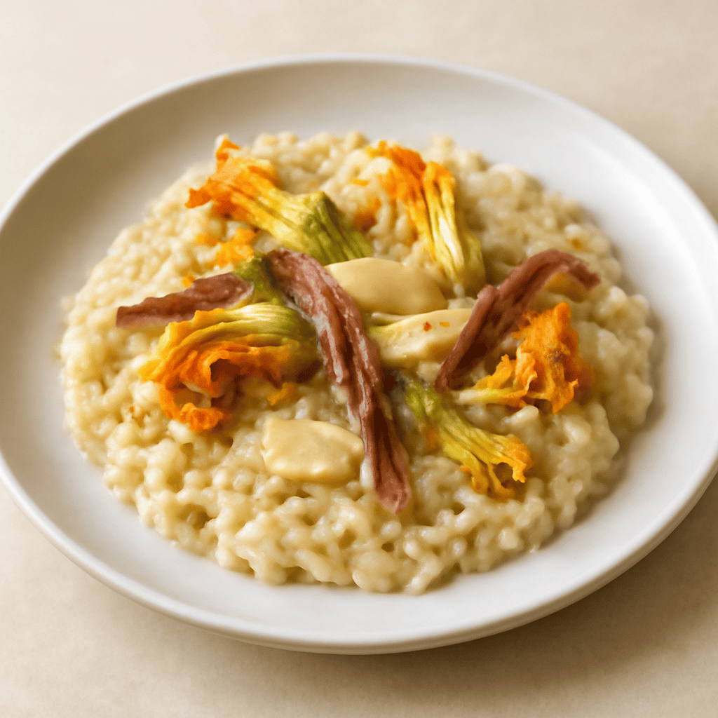 Risotto con Fiori Di Zucca, Povola Affumicata e Acciughe