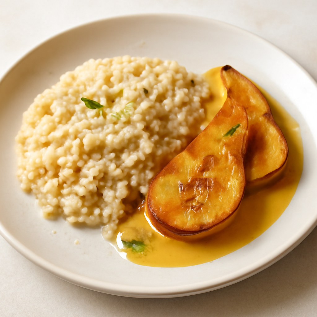 Risotto con fondo bianco e salsa di pere caramellate alla senape