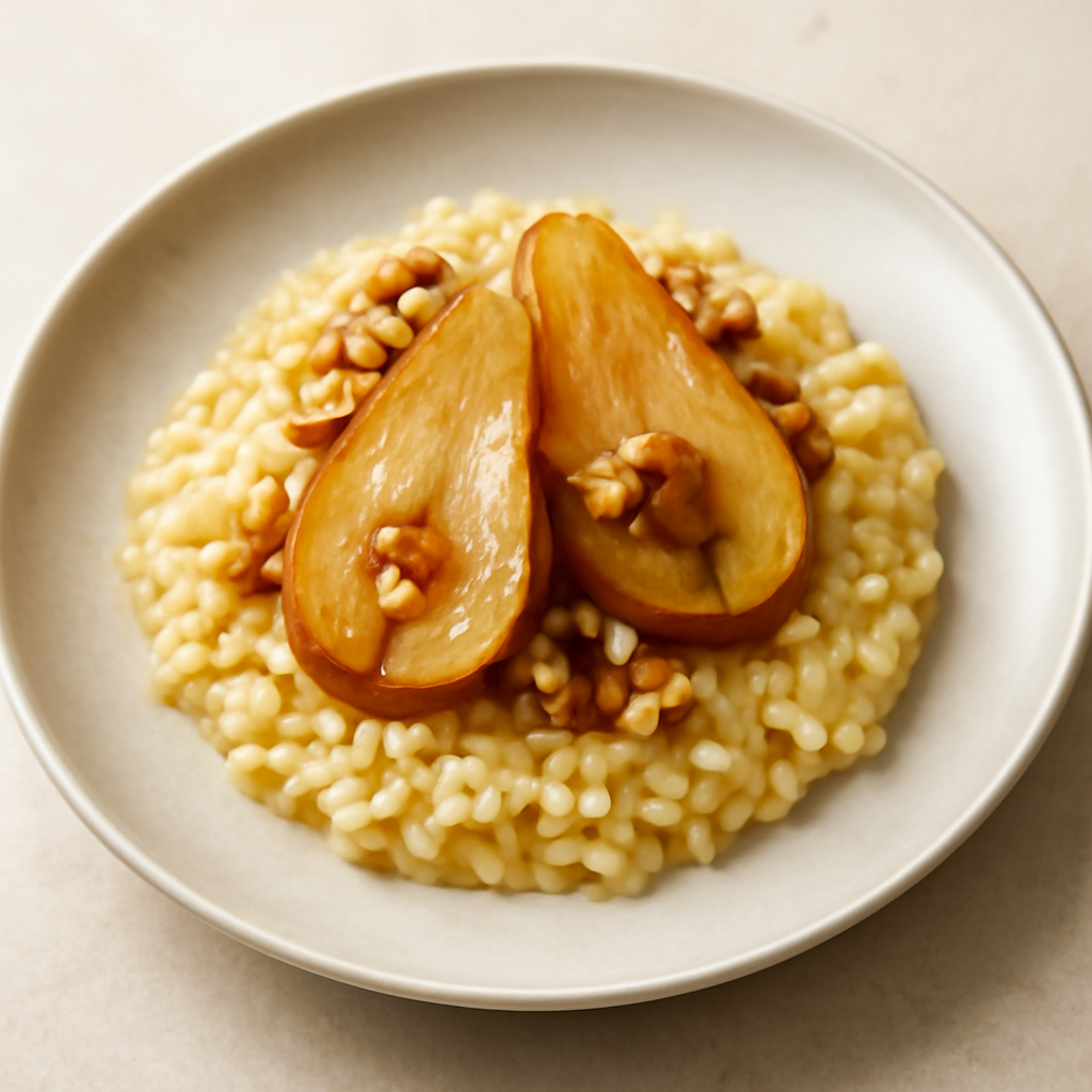 Risotto con pere caramellate al miele d’acacia e noci, mantecato con Bagoss stagionato 18 mesi