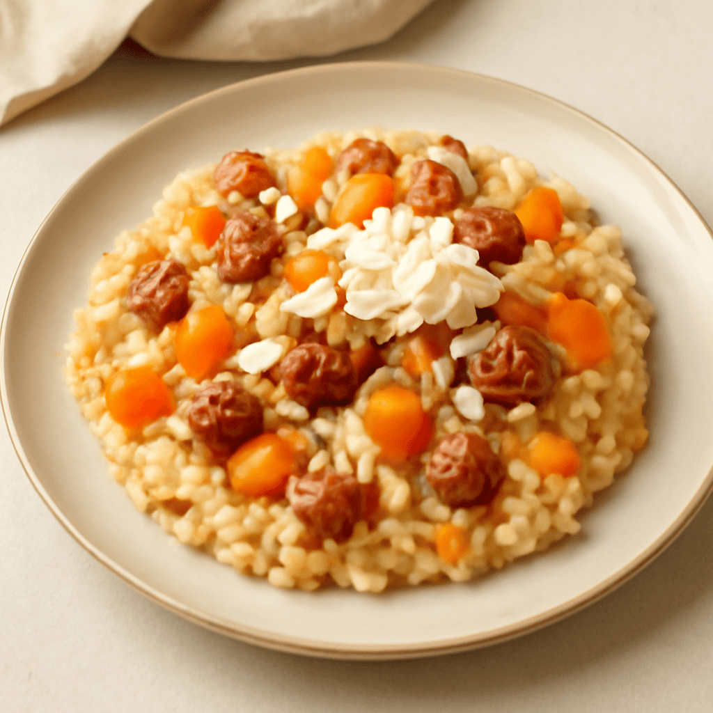 Risotto con salsiccia, zucca, robiola e croccante di mandorle