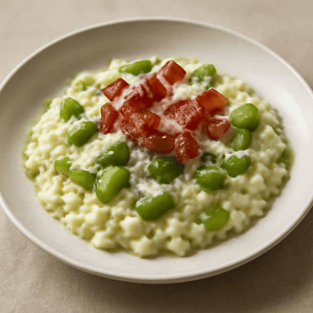 Risotto fave gorgonzola e guanciale croccante