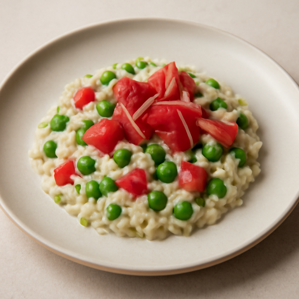 Risotto piselli e cocomero con fili di speck