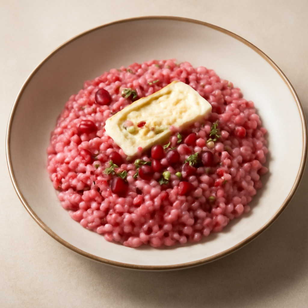 Risotto rosa al karkadè con brie e ribes rossi