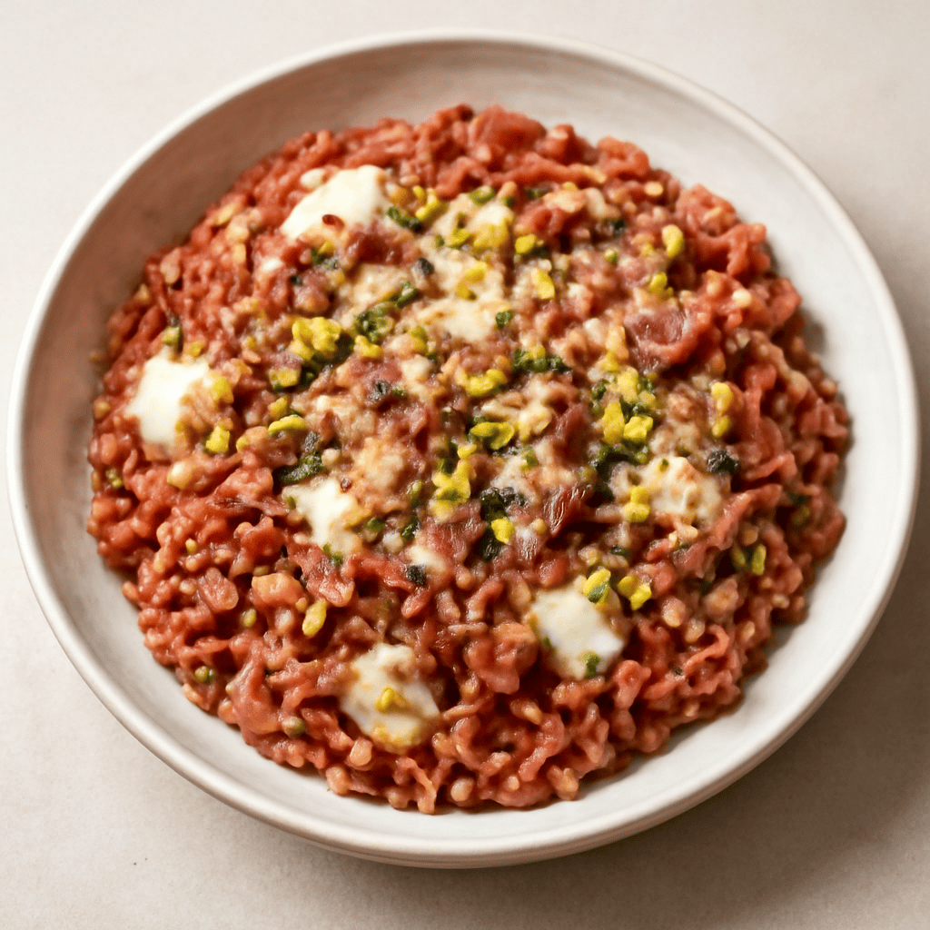 Risotto rosso integrale allo speck e taleggio con granella di pistacchi