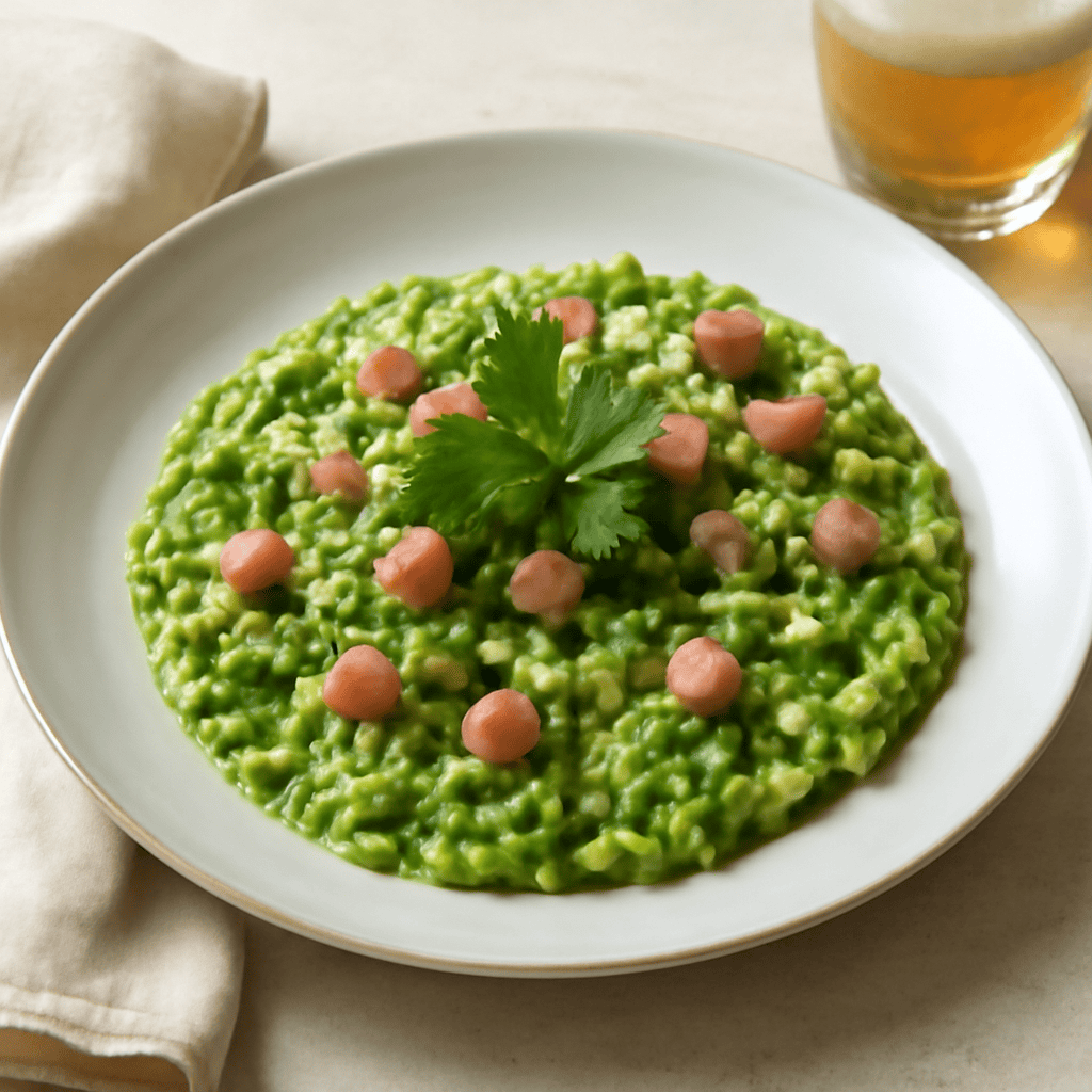 risotto verde ai piselli al profumo di menta e birra