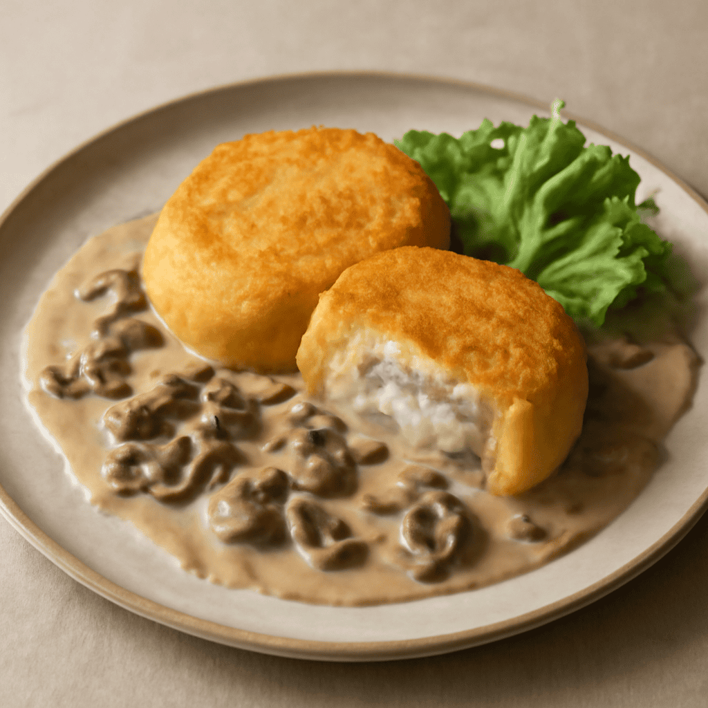 Rocher di polenta con cuore al gorgonzola, crema di funghi e brandy