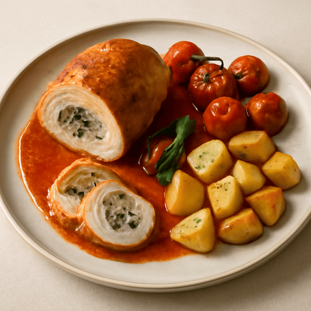 Rollè di pollo con salsa di pomodorini arrostiti
