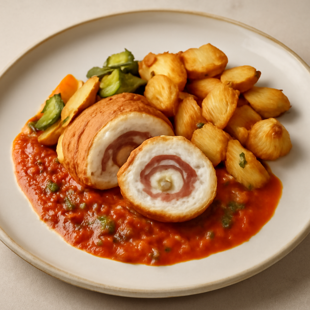 Rollè di pollo ripieno con salsa all’arrabbiata e patate croccanti