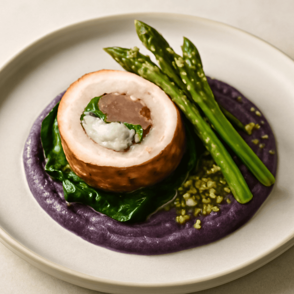 Rollè di tacchino farcito a bassa temperatura su spinacio saltato e crema di patata viola, con asparagi croccanti e granella di pistacchio