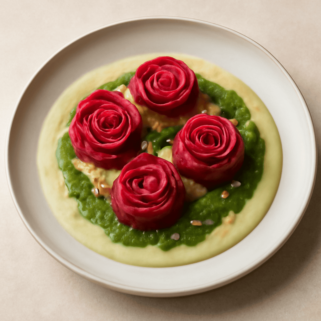 Roselline di ricotta e limone su vellutata di patate e pesto alla menta