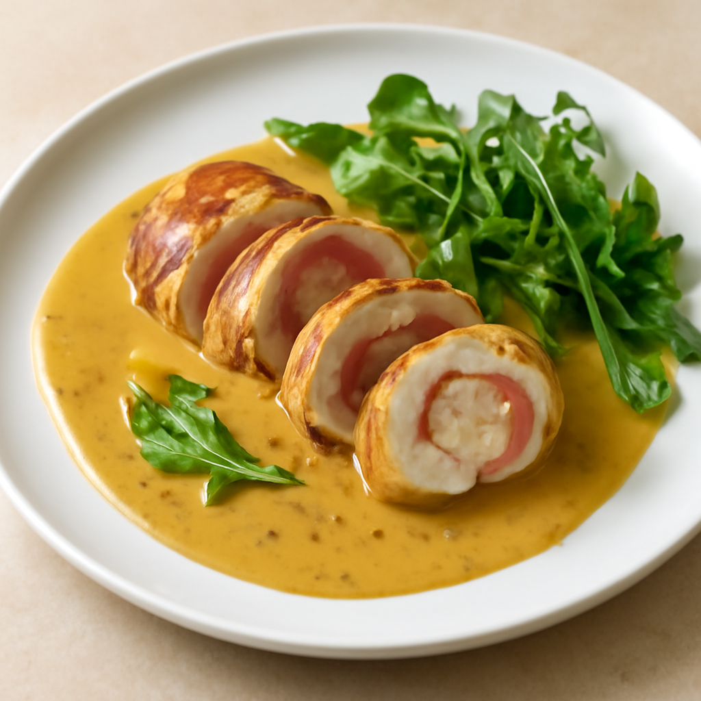 Rotolini di pollo e speck in salsa di curry alla birra