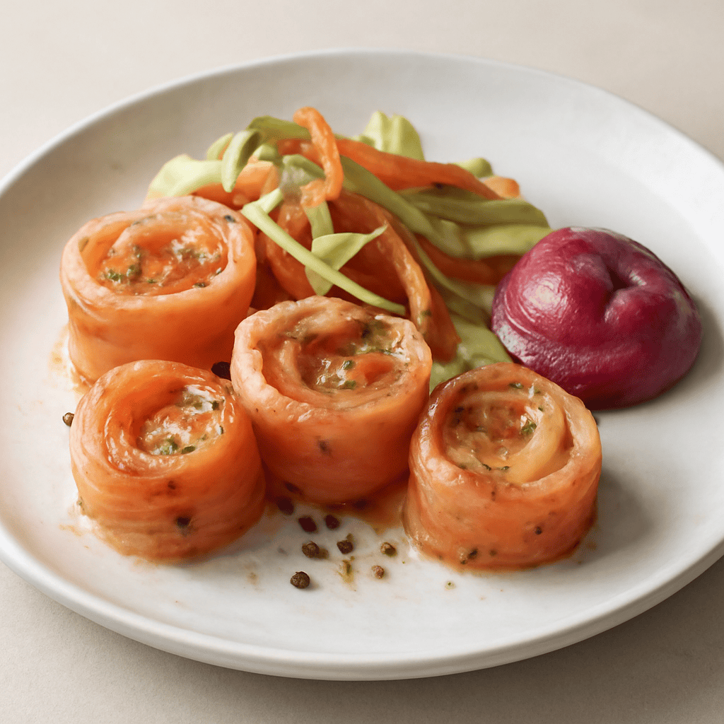 Rotolini di trota salmonata marinata all’arancia con verdurine croccanti e maionese di rapa rossa