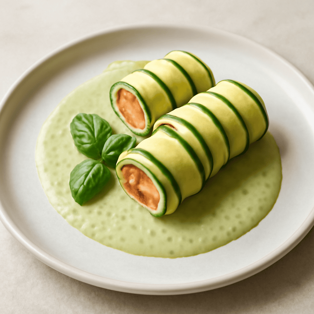 Rotolini di zucchina e salmone con crema al basilico