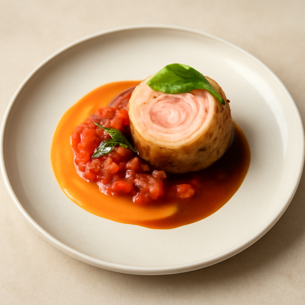 Rotolino di coniglio al burro aromatizzato,concassè di pomodoro con la sua crema e riduzione alla birra