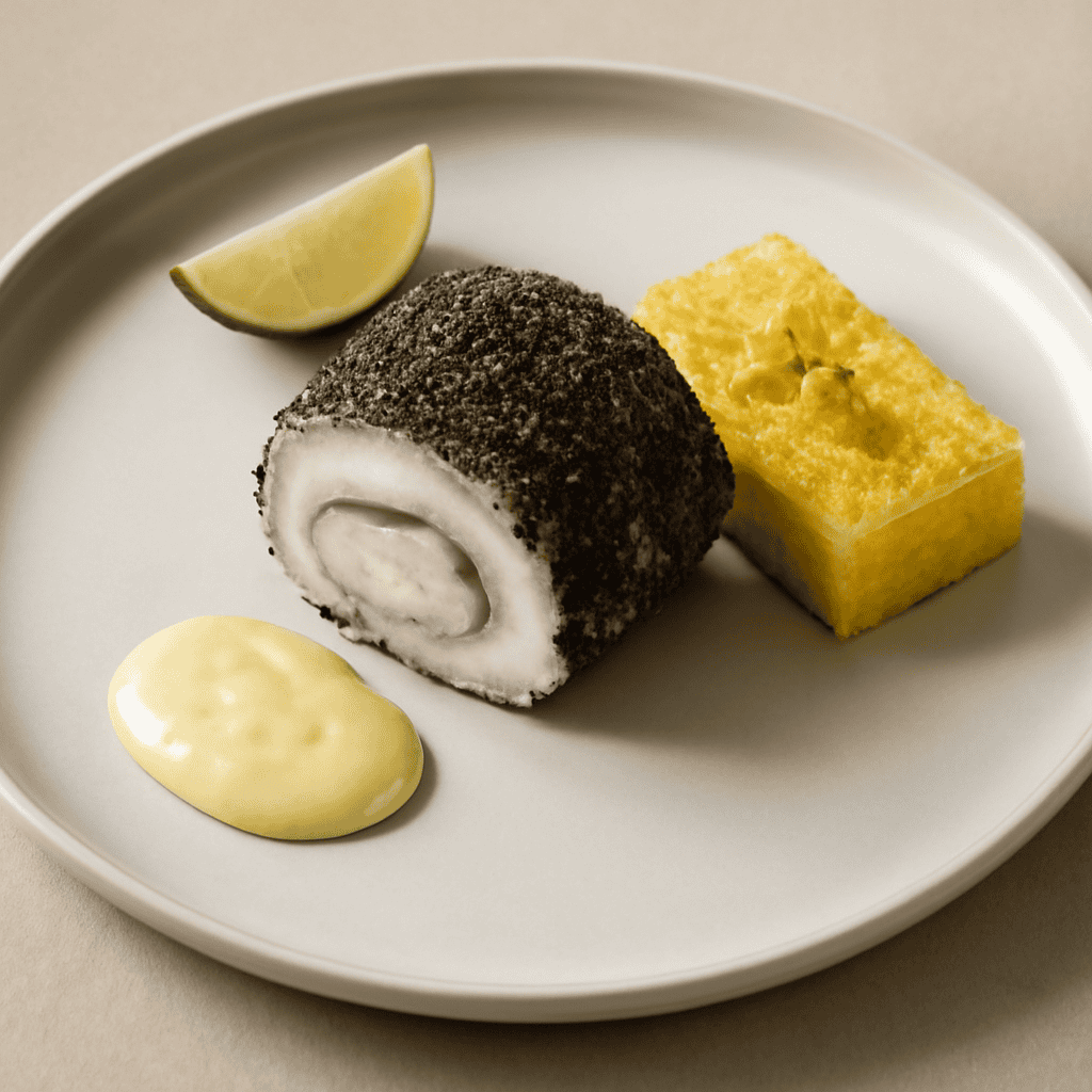 ROTOLINO DI ORATA IN CROSTA DI PAPAVERO, ACCOMPAGNATO DA MAIONESE E CROSTA DI POLENTA.