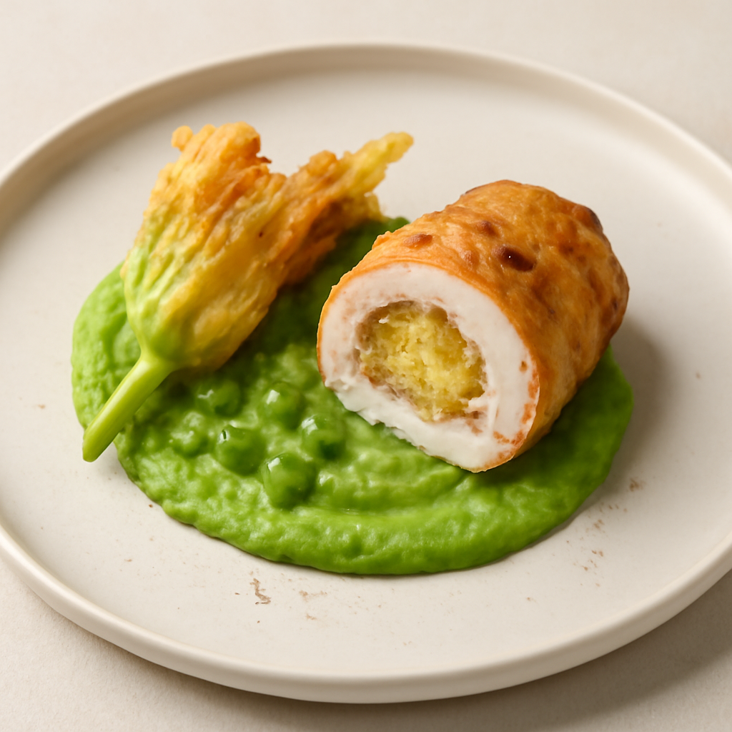 Rotolino di pollo al curry con crema di piselli e fiore di zucca in tempura