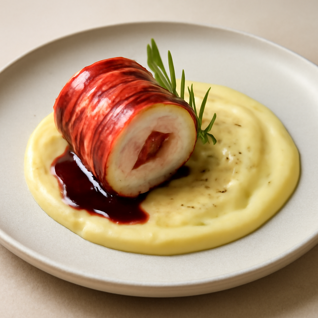 Rotolino di pollo marinato al brandy e speck con crema di patate al cardamomo, fonduta di formaggi e riduzione di vino rosso