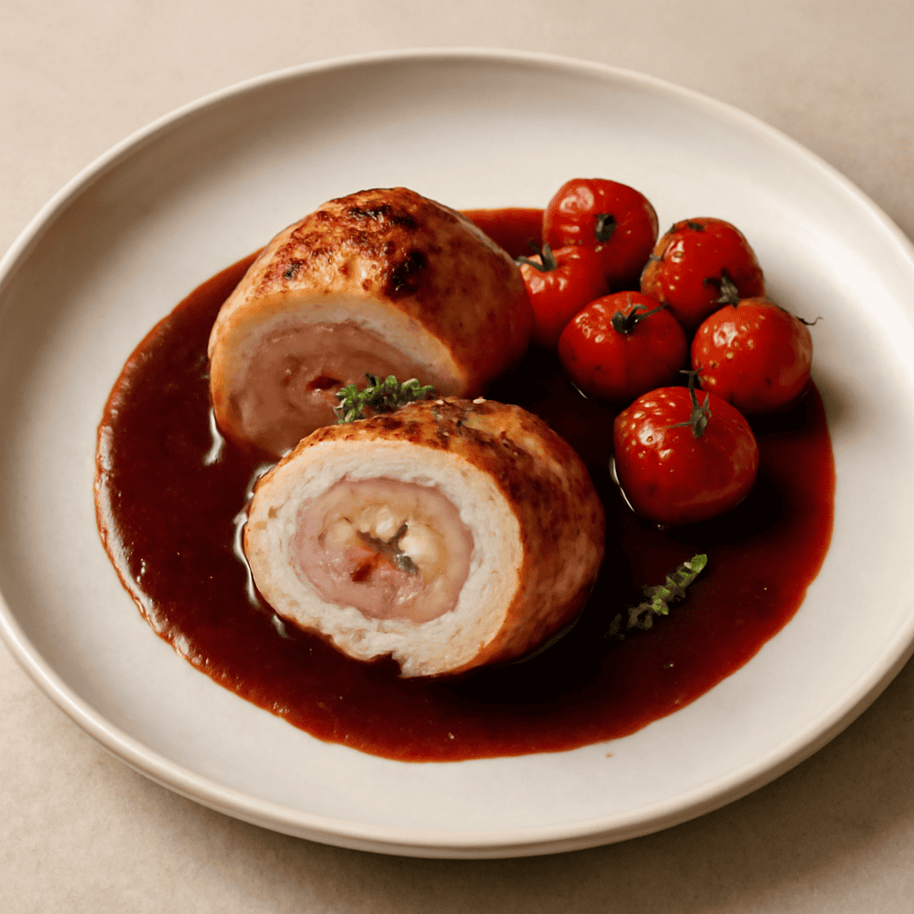 Rotolino di pollo ripieno, con salsa al vino rosso e pomodorini confit