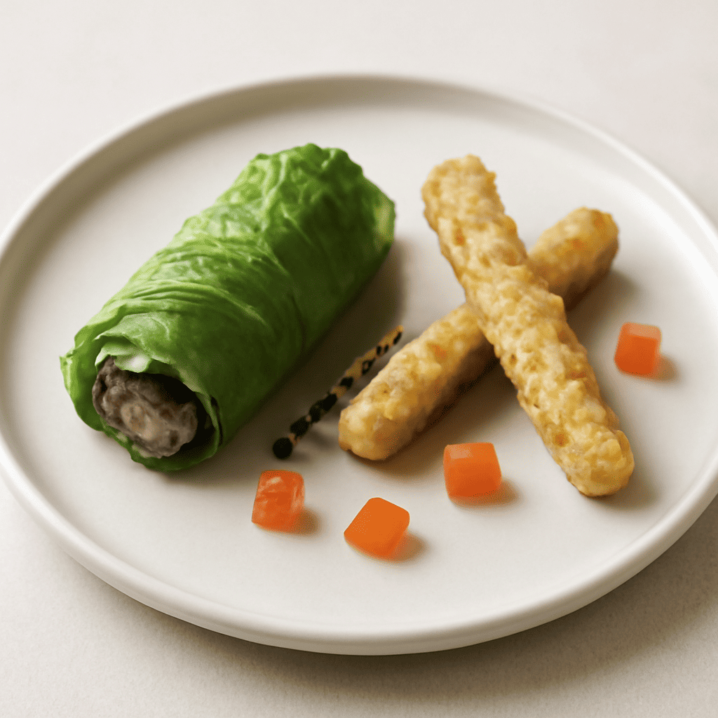 Rotolino di sgombro avvolto nella lattuga con bastoncini di zucchine in tempura con cubetti di gelatina di carota alla cannella