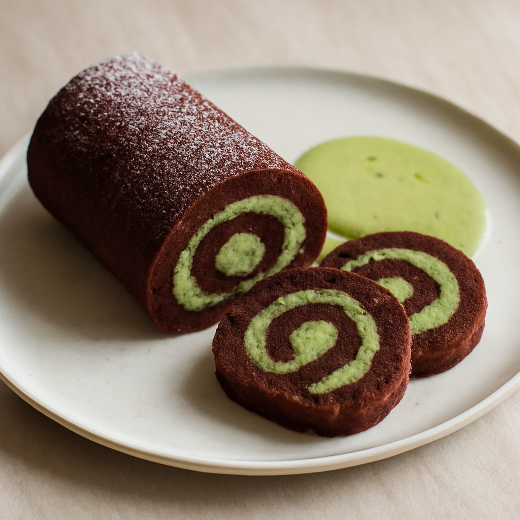 Rotolo al cacao con crema al matcha