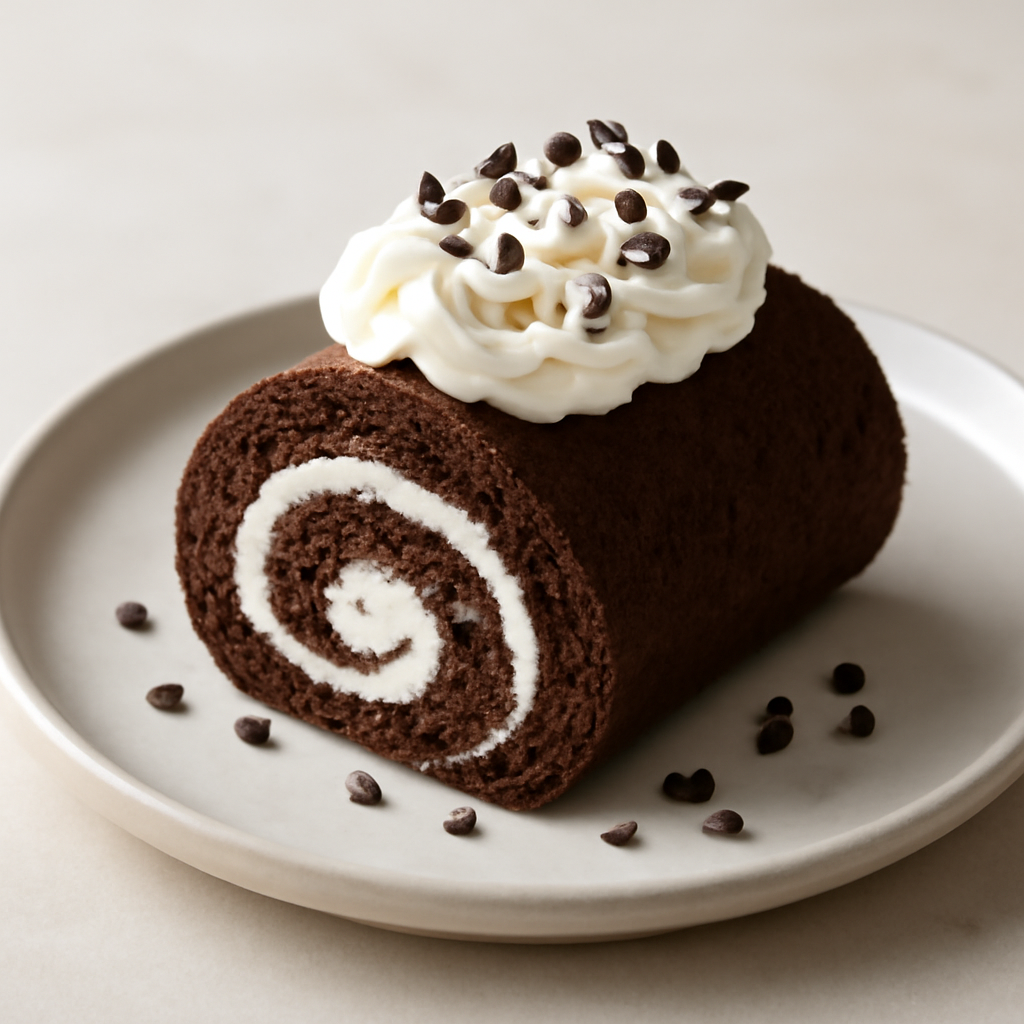 Rotolo al cacao con crema chantilly e gocce di cioccolato