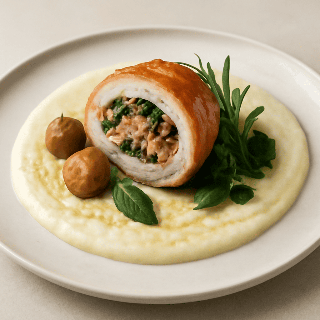 Rotolo di coscia di pollo ripieno di castagne bietole pancetta ricotta su crema di sedano rapa