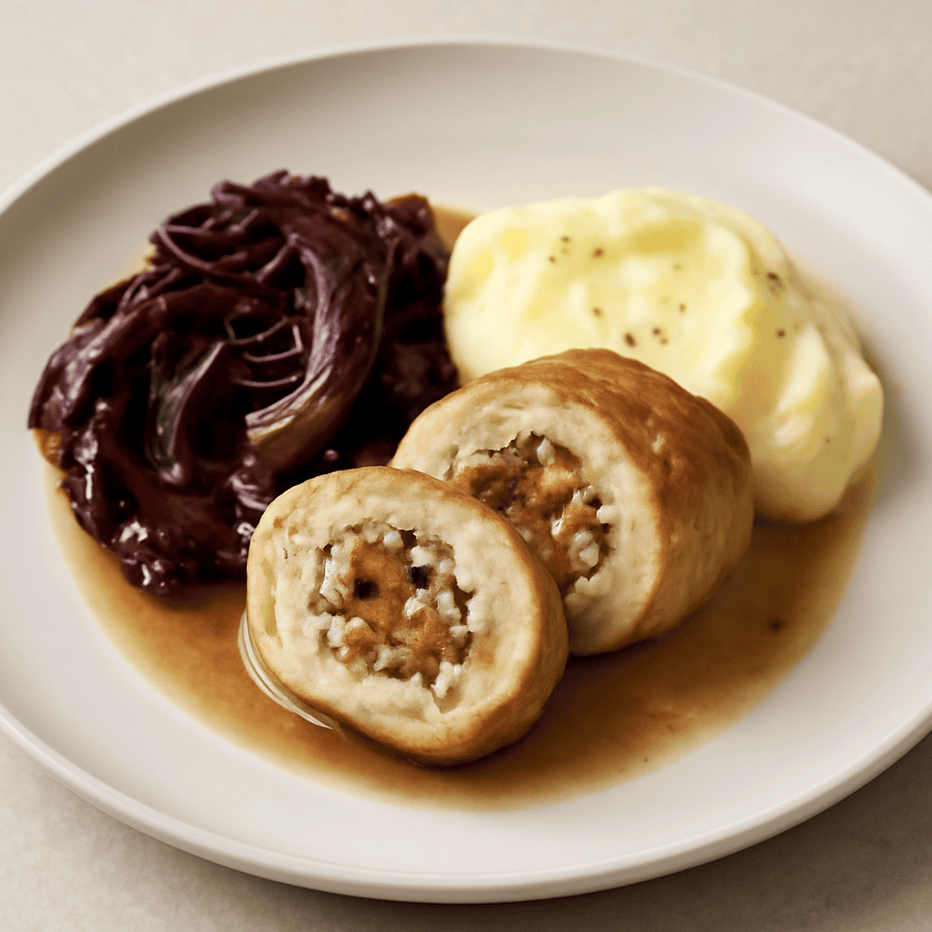 Rotolo di pollo ripieno di uvetta, mandorle e formaggio caprino. Radicchio stufato e purea di patate.