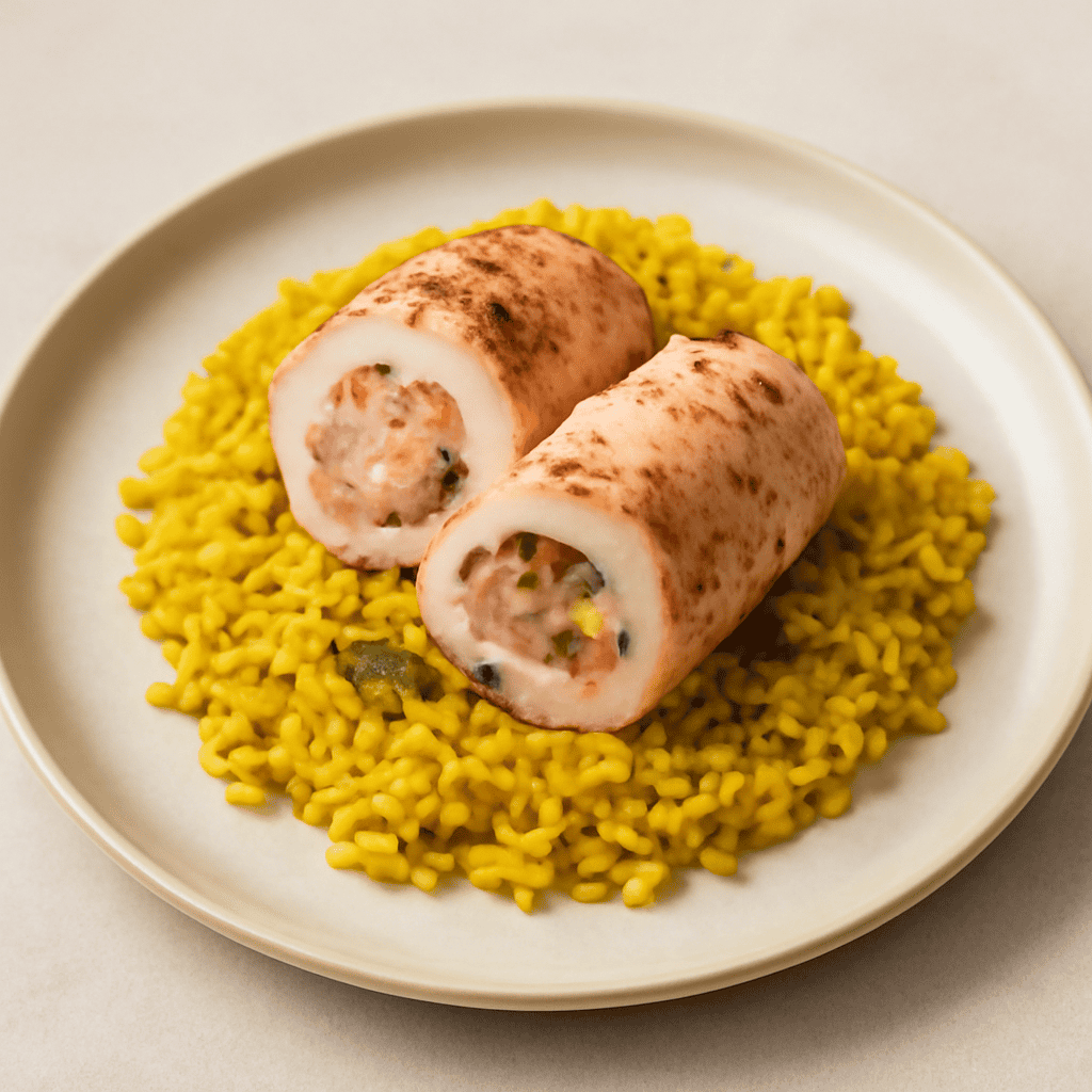 rotolo di pollo ripieno posato in un letto di riso con curcuma