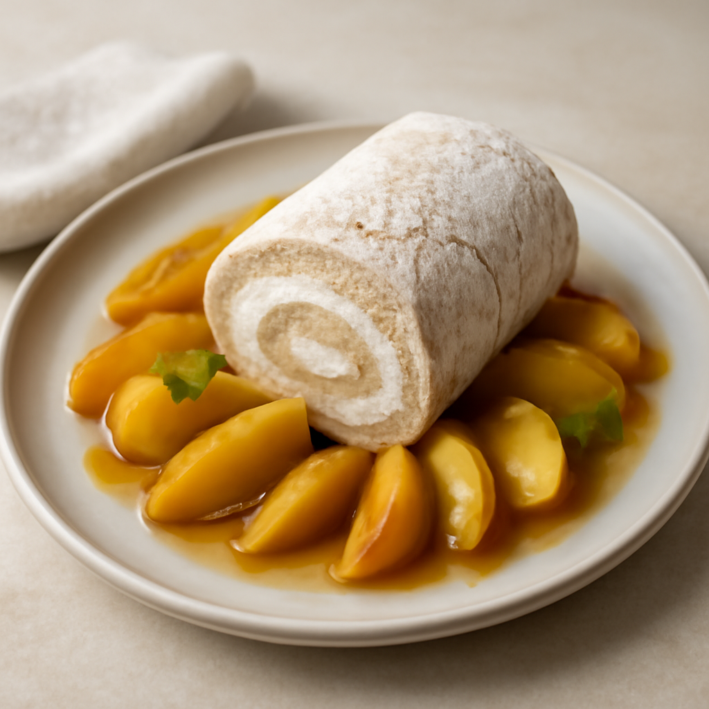 Roulade di Meringa di nocciole con pesche e zenzero.
