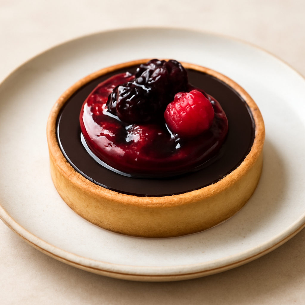 SABLE’ CON GANACHE FONDENTE 70% E GELE’ AI FRUTTI DI BOSCO