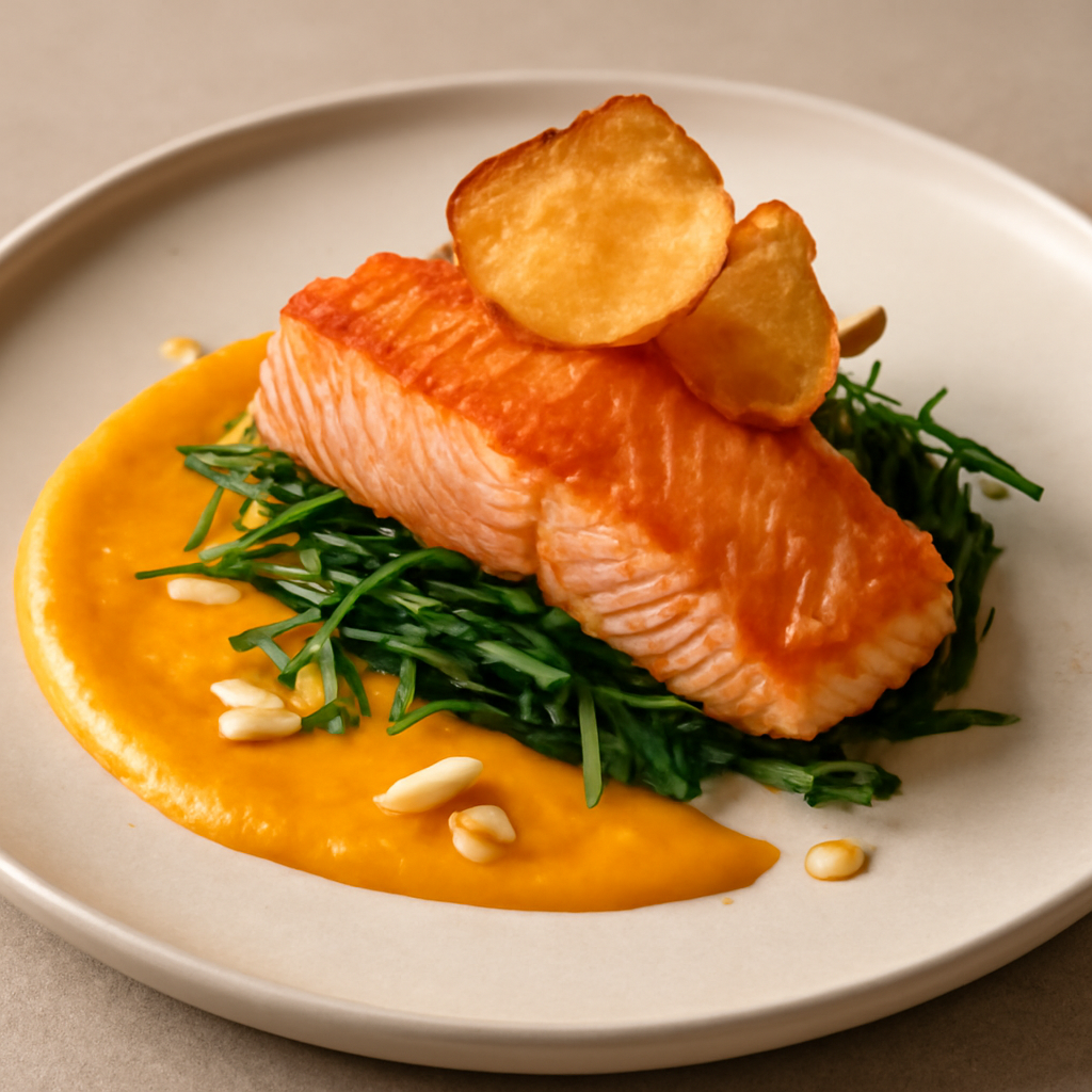 salmone agrodolce su agretti,crema di carota mandorla,zenzero e chips di topinambur