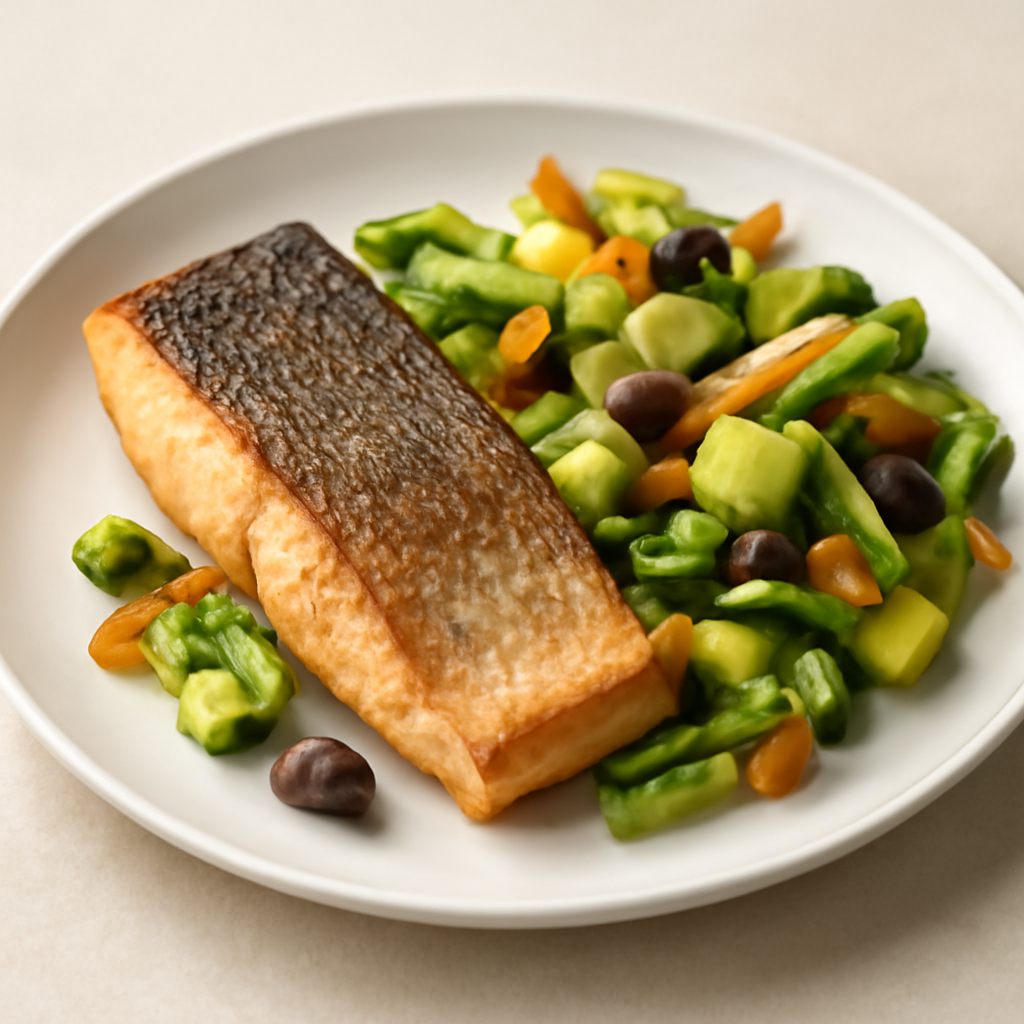 SALMONE ARROSTITO SULLA PELLE CON INSALATA DI AVOCADO, OLIVE TAGGIASCHE E VERDURE CROCCANTI