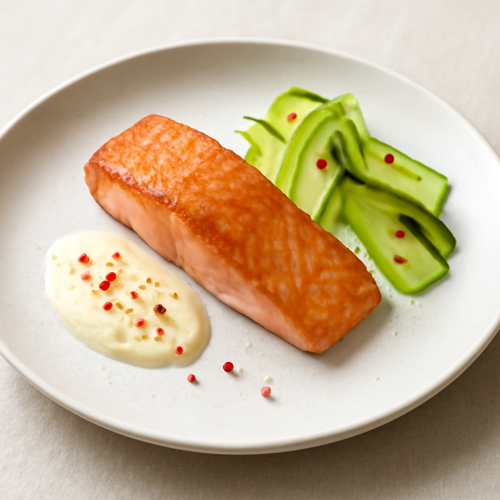 Salmone con crema d’aglio pepe rosa e crudité di zucchine