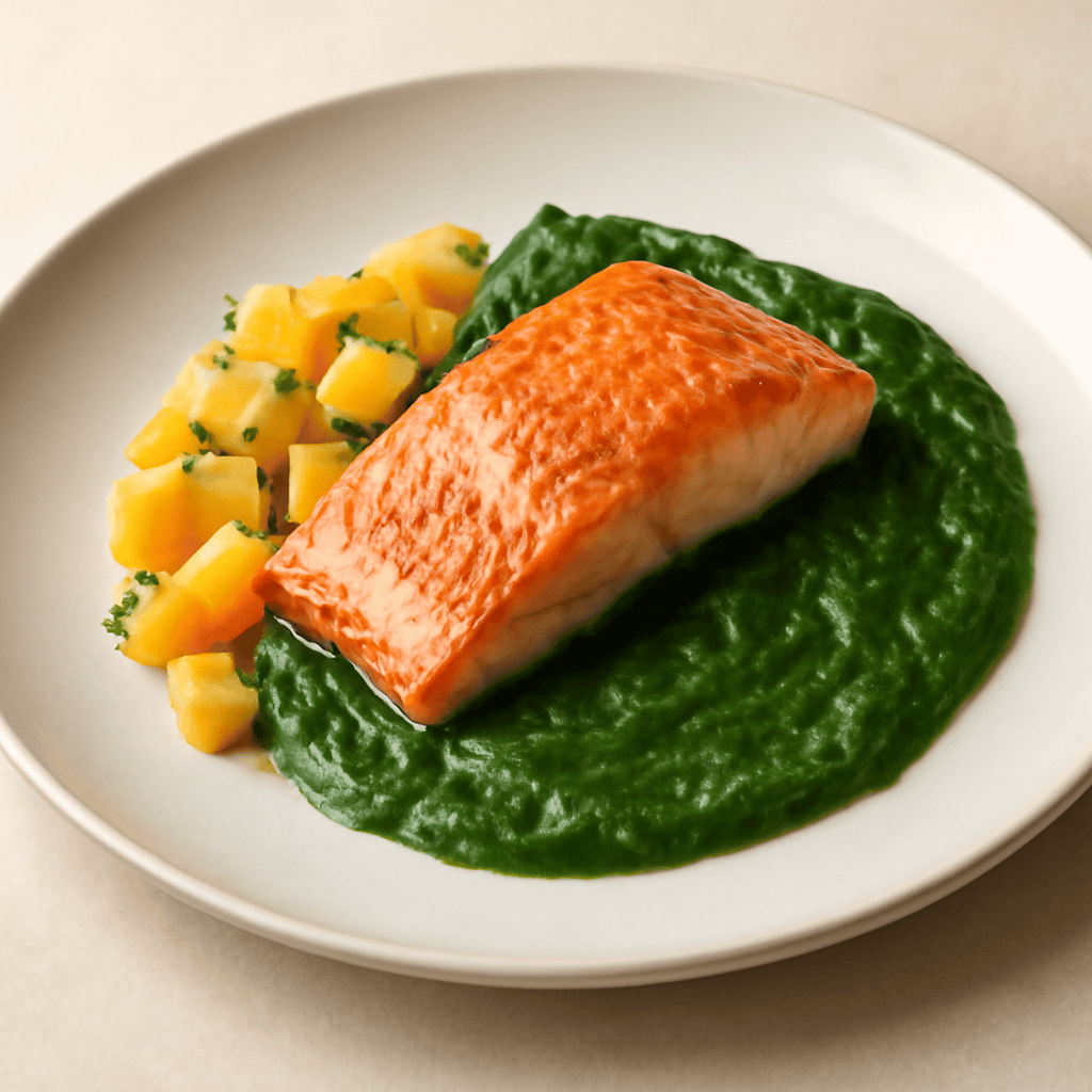 Salmone con salsa di spinaci e ananas