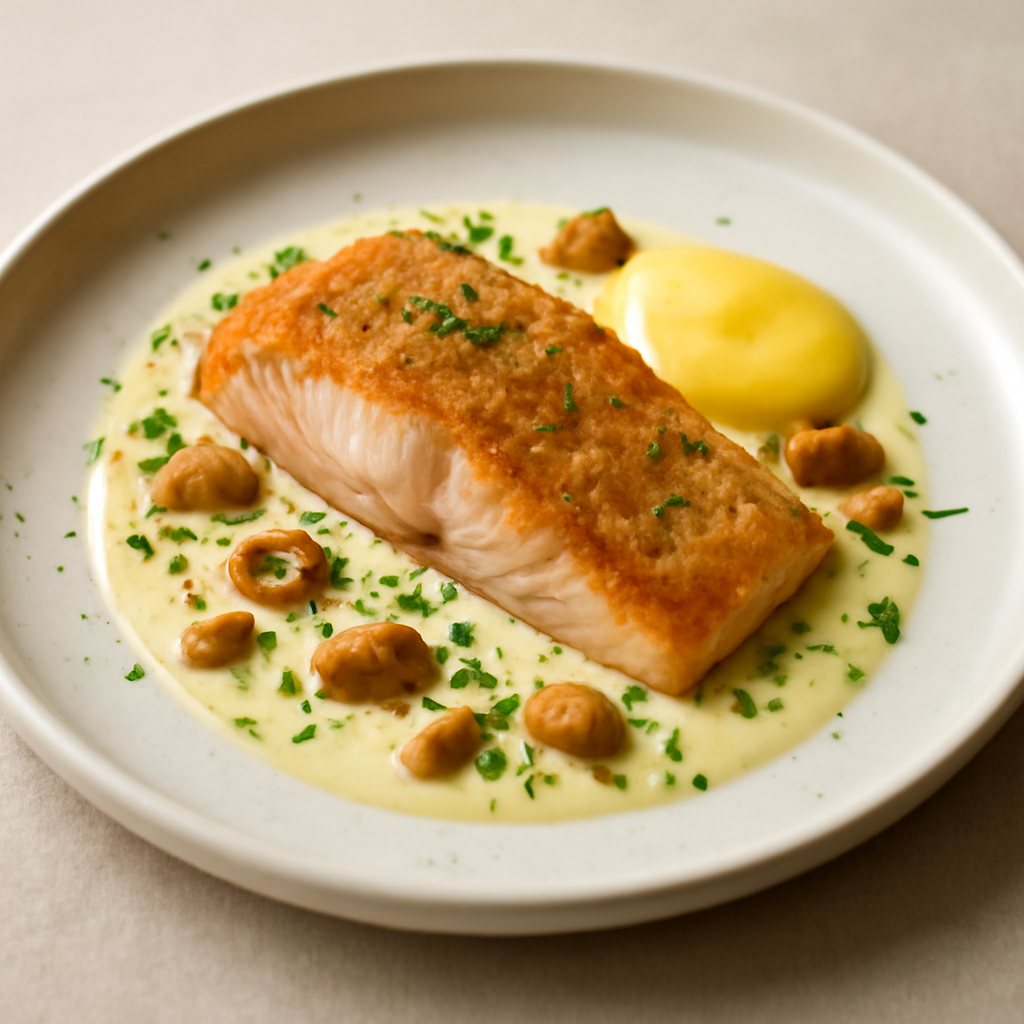 Salmone cotto in forno con salsa di tuorli e crema di latte.