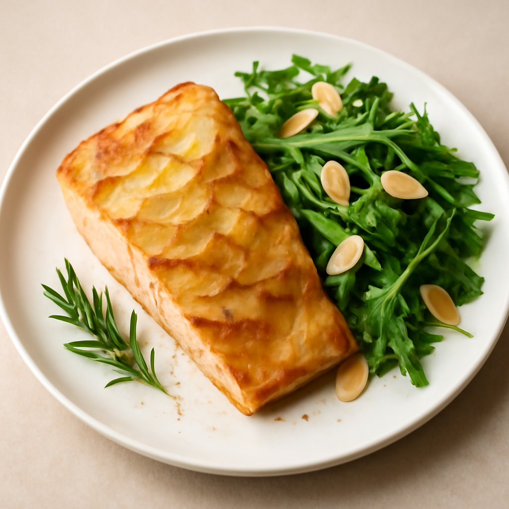Salmone in crosta di patate con insalata di rucola e mandorle