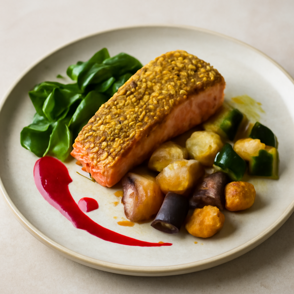 Salmone in crosta di pistacchi con valeriana, patate croccanti, zucchina morbida e succo di ribes.