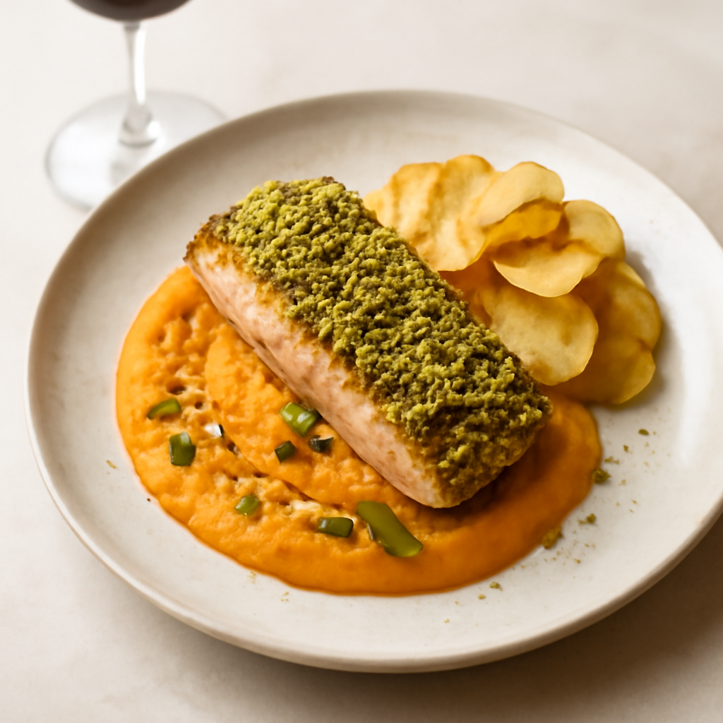 Salmone in crosta di pistacchio con crema di carote e chips di patate