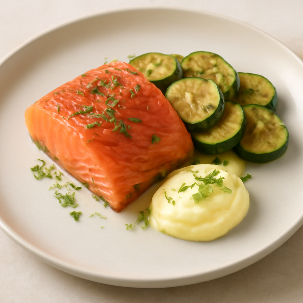 Salmone marinato al lime con zucchine saltate e Maionese al finocchietto